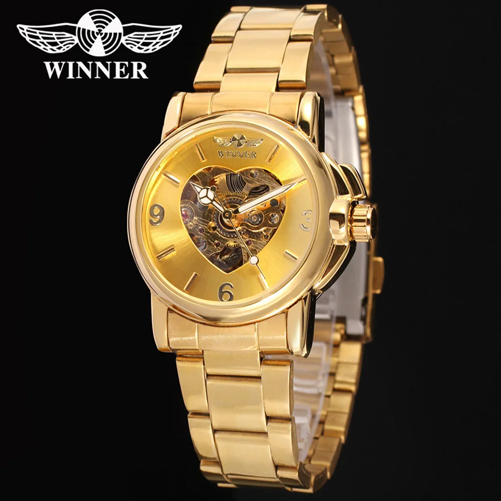 

Fashion Winner Top Brand New Ladies Automatic Skeleton Luxury Gold Full Stainless Steel Band Brand Watch Lover Gift For Girl