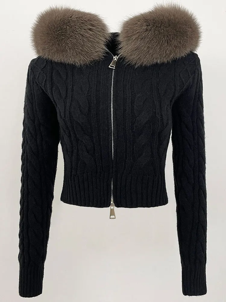 2025 nouveau printemps automne femmes court mince col de fourrure tricots solide réel fourrure de renard pull recadrée tricoté Cardigan femme