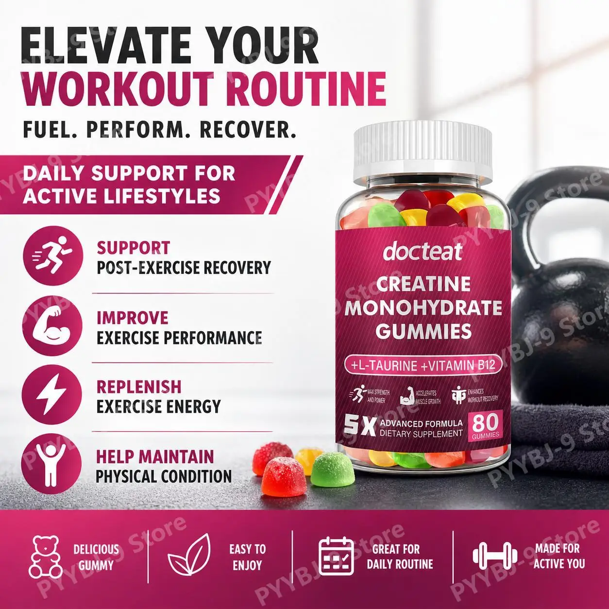 Docteat Creatine Monohydrate Gummies for Muscle Builder, Energy Boost, Muscle Recovery, Stamina, Bone Health Support, 80 Count