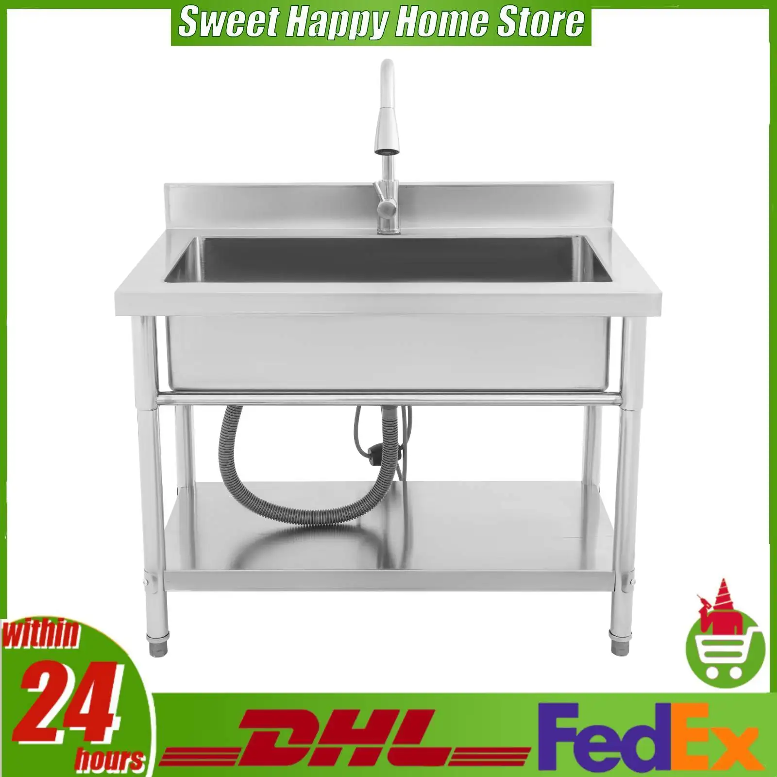 Single Bowl Bar Sink Freestanding 304 Stainless Steel 661lbs Capacity with Pull-Out Sprayer Faucet for Utility Room Backyard