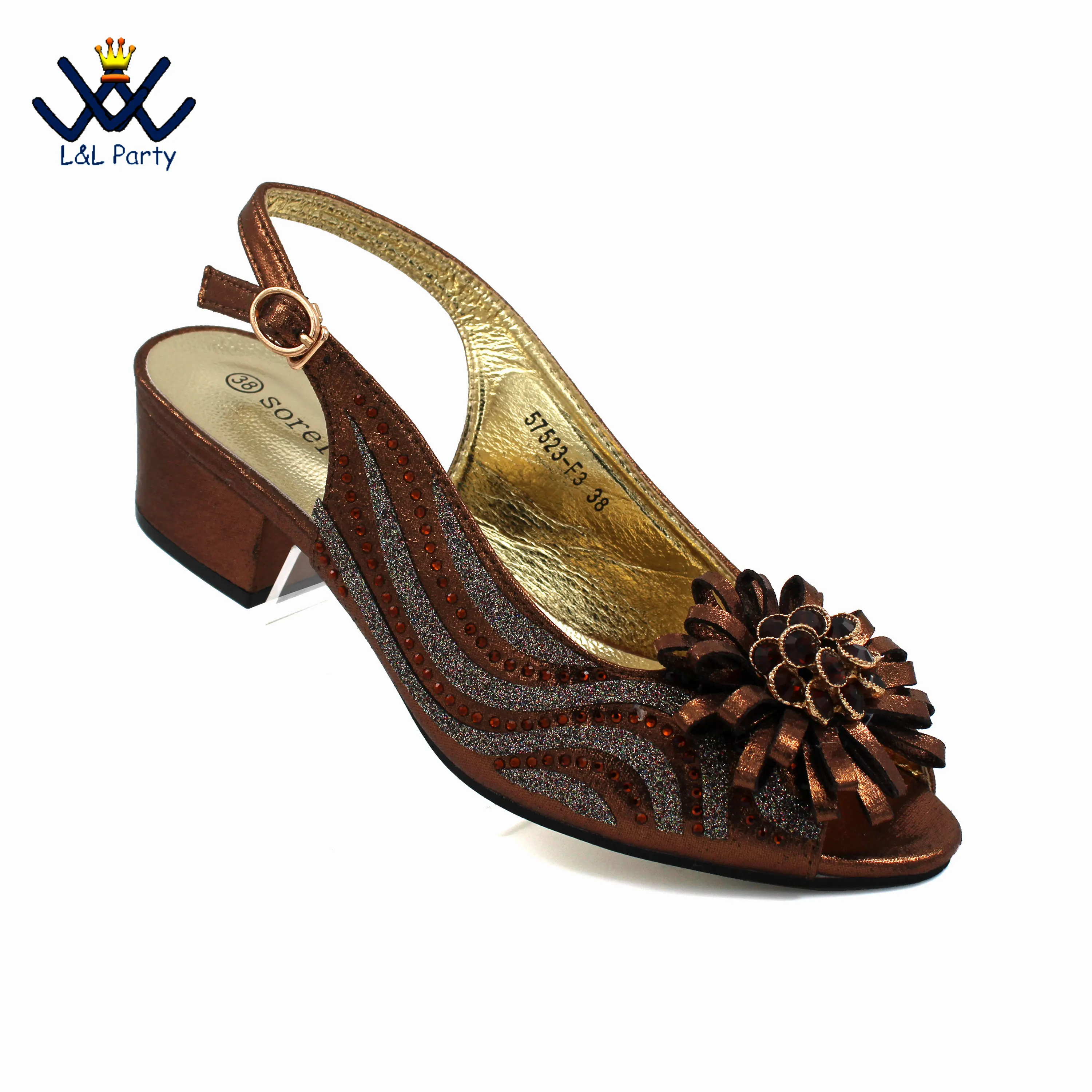 Low Heels New Arrivals Italian Design Nigerian Women Shoes and Bag Set in Coffee Color Comfortable Heels with Appliques for Part