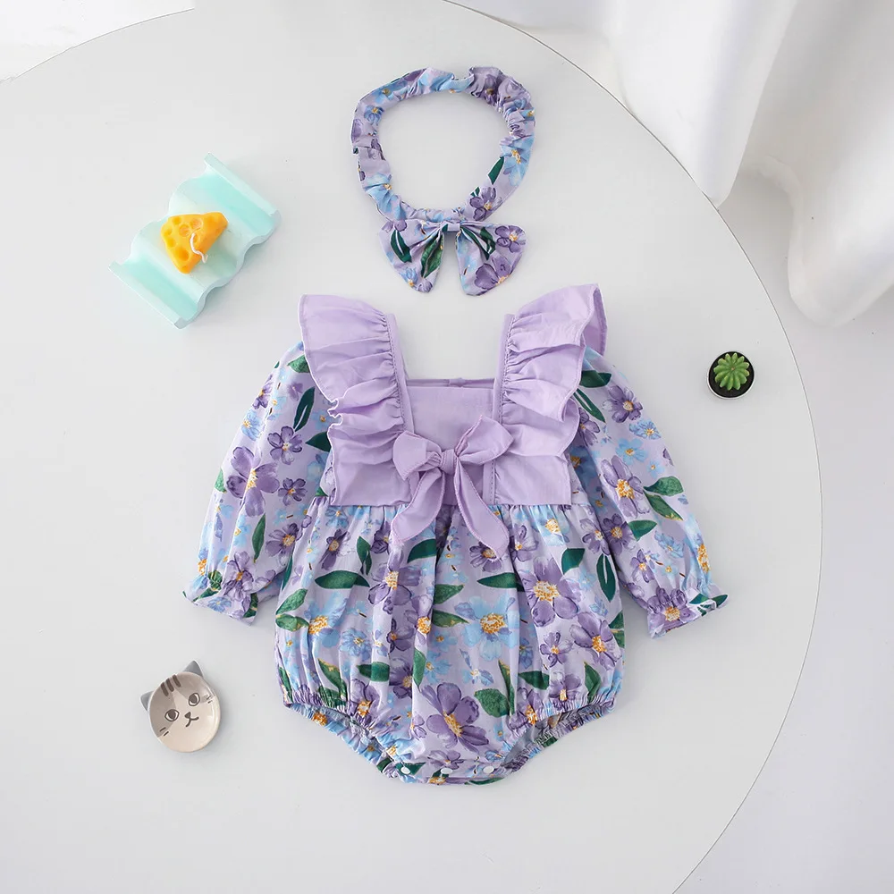 

Baby Girl Purple Floral Bodysuit Cute Newborn Flower One Piece Romper Long Sleeve Infant Bow Clothes 2023 Autumn Toddler Outfits