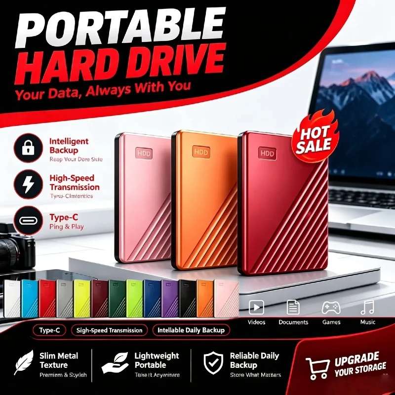 2.5 Inch Portable HDD External Hard Drive, Durable Storage Disk with Fast Data Transfer, Multi-Device Compatible for Data Backup