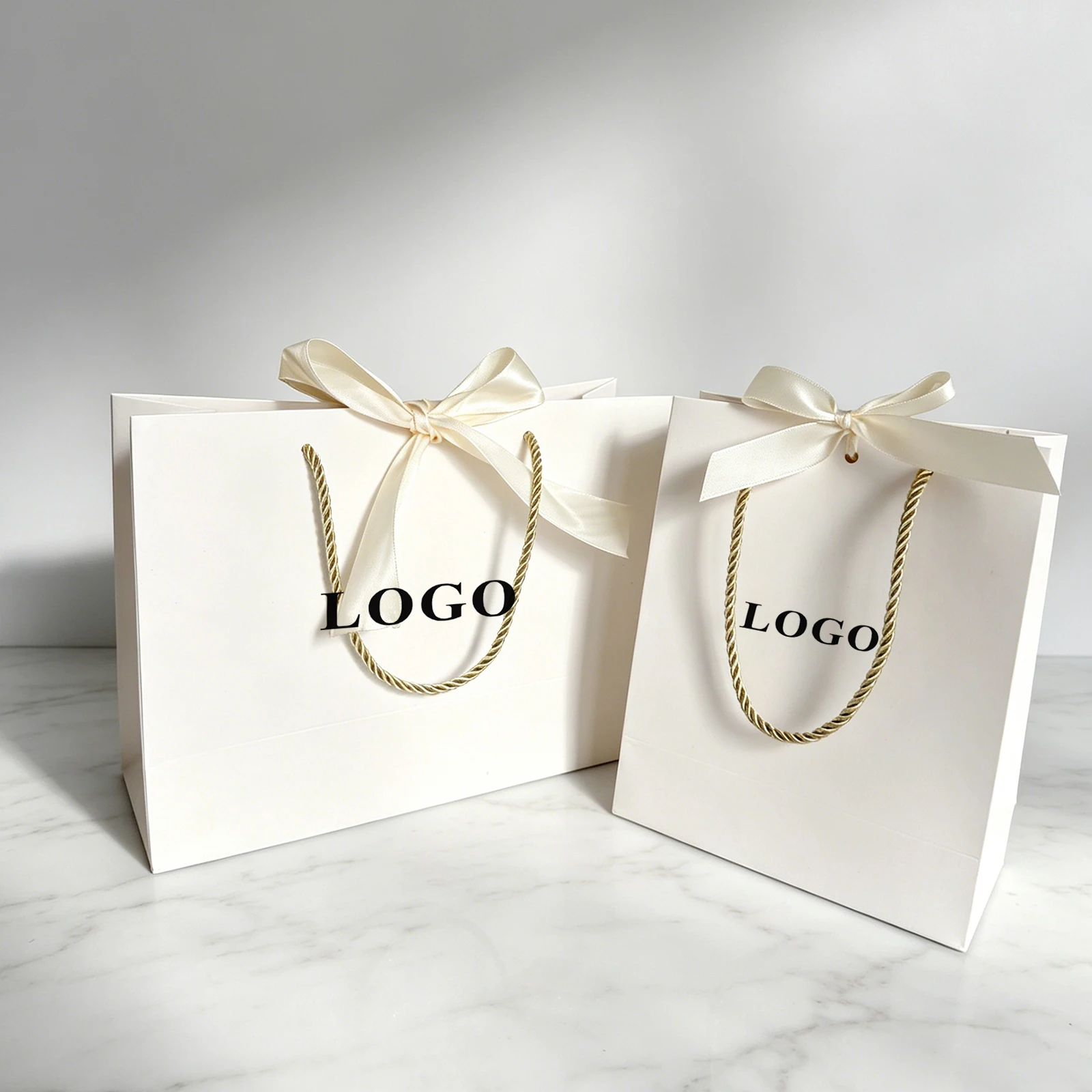 10pcs Beige Custom Logo Paper Gift Bags with Bow Tie for Clothes Jewelry Wig Small Business Wedding Party Packaging