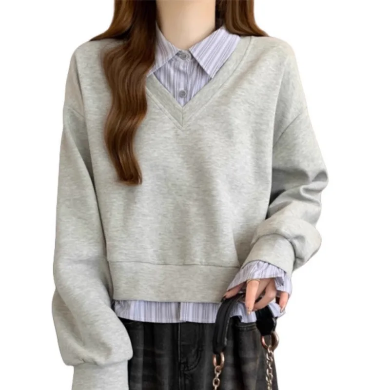 Women Fake Two Piece T-shirt Sweater 2025 Spring Autumn Women's American Two Piece Short Sweatshirt Loose Fit