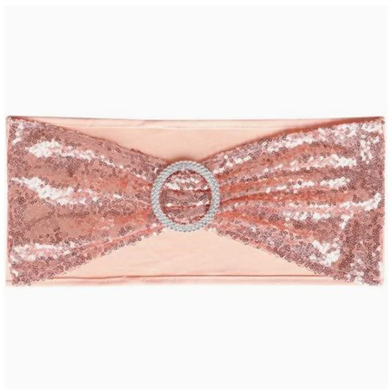 Sequin Silver Lycra Chair Band Spandex Sash No-Tie Bow with round Buckle for Chair Cover Wedding Event Party Decoration