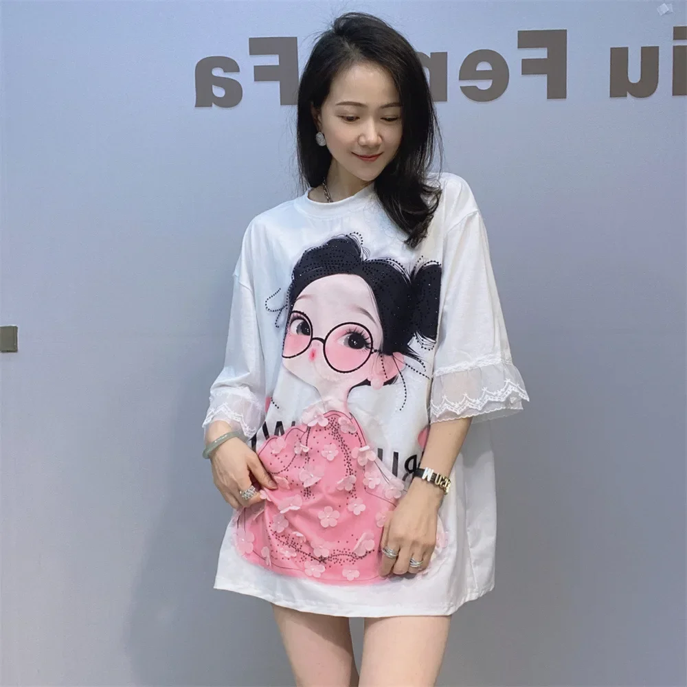 

Lace Patchwork Half Sleeve T-Shirt Women Summer Clothing Cartoon Girl Printed Diamonds O Neck Pullovers Wear Женская Футболка