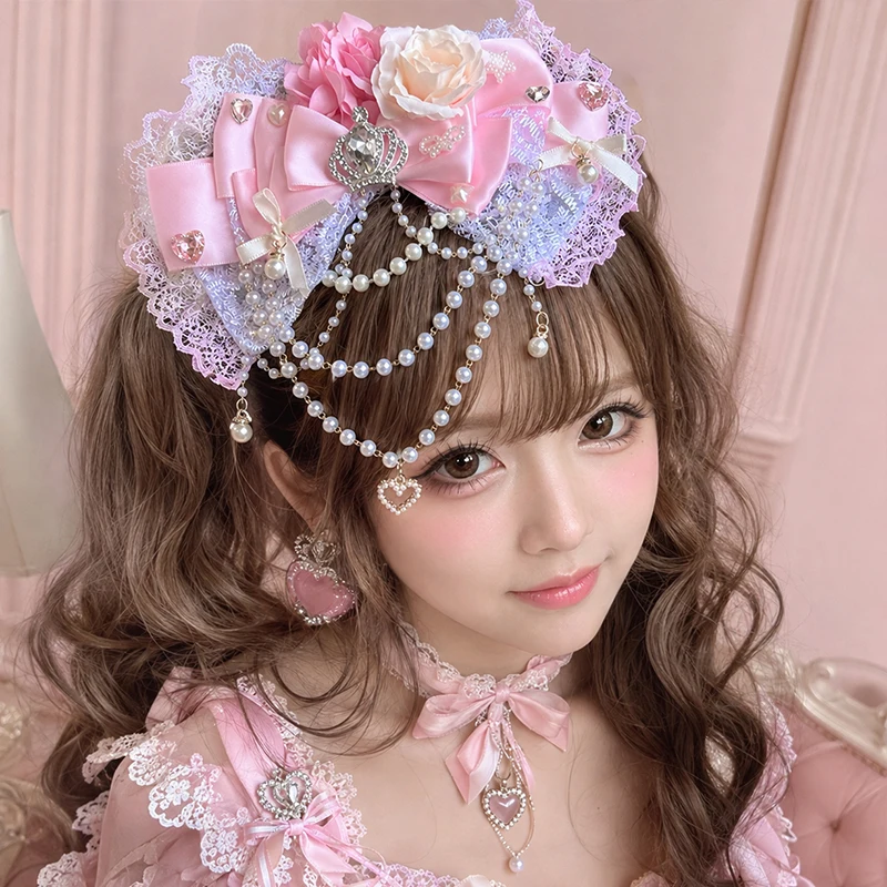 Sweet Girls Lace Bow Top Clip Hairpin Women's Cosplay Hair Accessory Shibuya Gyaru Headwear Lolita Headpiece Flower Pearl Chain