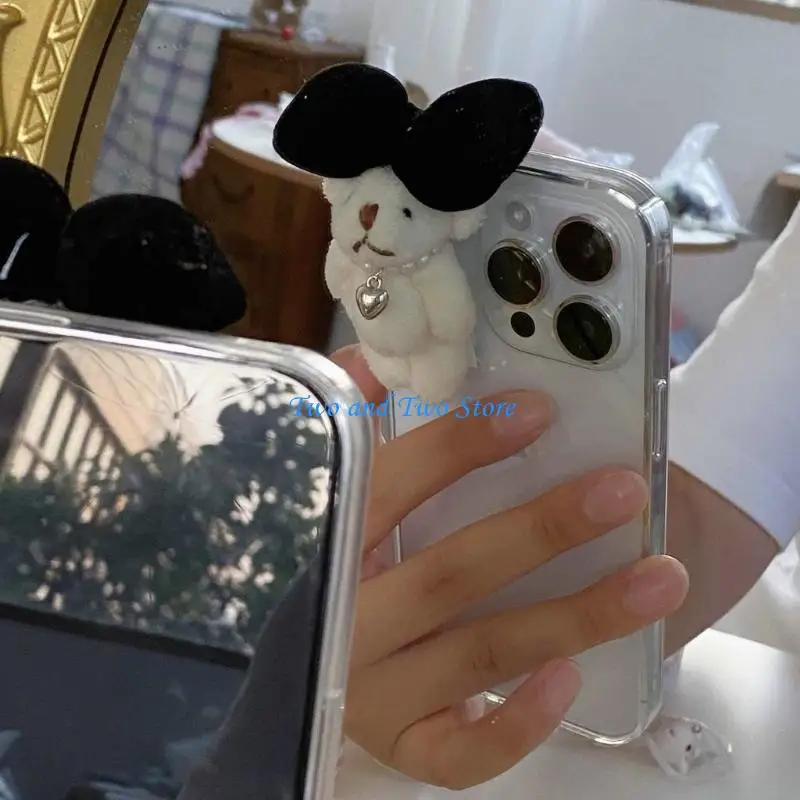 

HX6F Plush Bear with Bowknot Ring Soft Animal Pendant Phone Charm for Daily Use