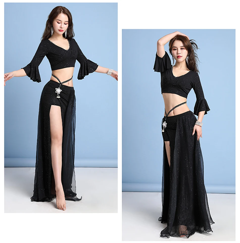 

Костюм для танца живота, тренировочная одежда, комплект из 2 предметов, топ и юбка, наряд для взрослых женщин, сценический костюм, костюмы