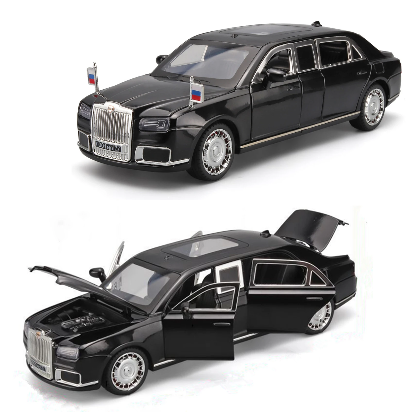 1/24 Aurus Senat Alloy Limousine Luxy Car Model Diecast Metal Bulletproof Vehicle Model Simulation Sound and Light Kids Toy Gift