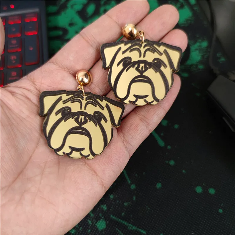 KUGUYS Cute Animal Jewelry Mirror Acrylic Printing Bulldog Dog Drop Earrings for Women Trendy Accessories