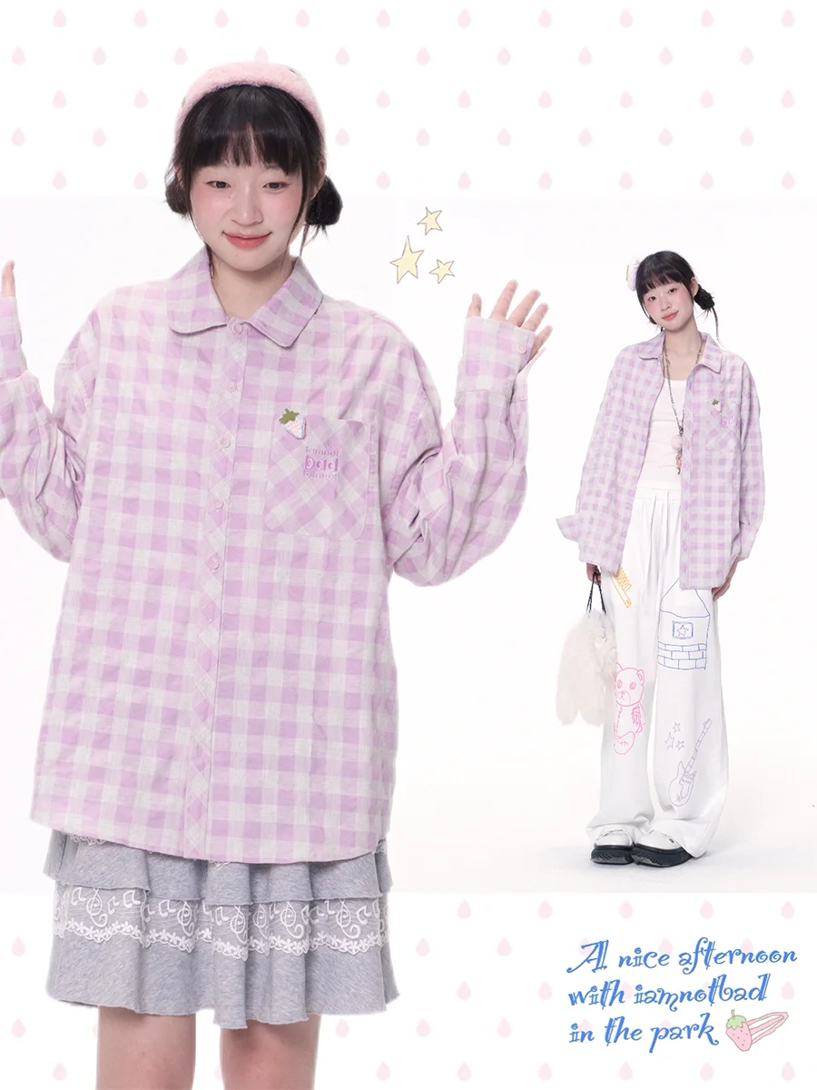 

Retro Sle adient Buttoned Plaid round Ne irt Purple Embroidery Striped Dry Purple Color Blo Women's Casual irt