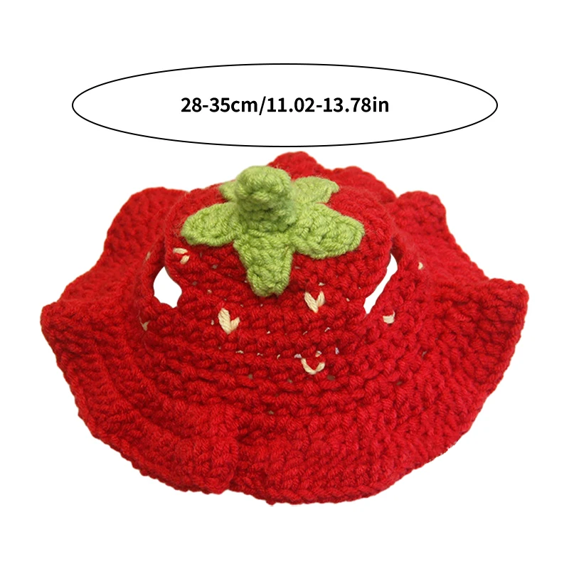 Pet Knitted Hat Cat Wool Hand-knitted Cartoon Strawberry Red Hat With Ear Holes Cute Kitten Dog Headgear Pet Cosplay Accessories