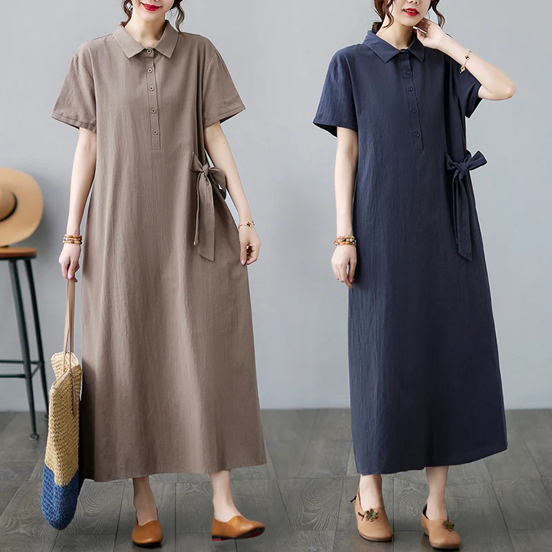 

Длинное платье из чистого хлопка и льна для женщин больших размеров ort Sve с отложным воротником и пуговицами с узлом и поясом для женщин Dr