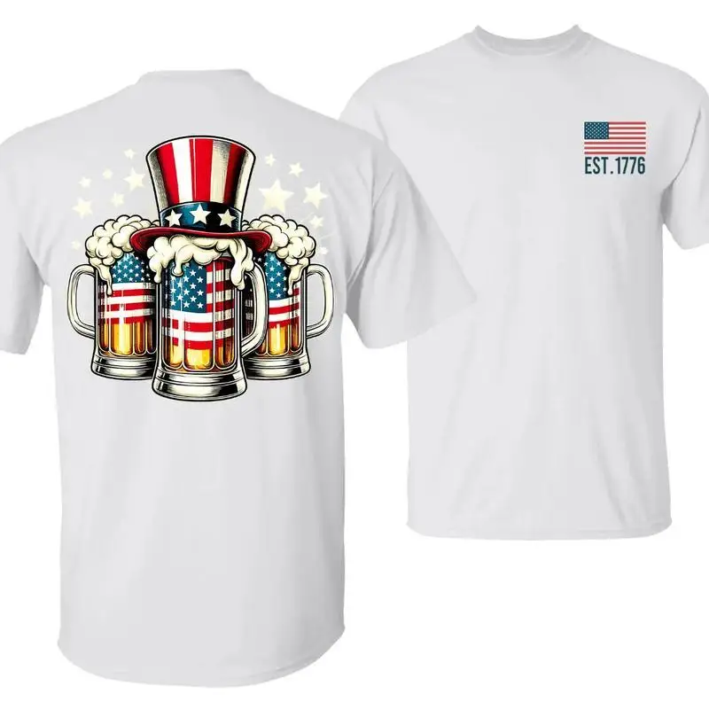 

Beer & Freedom T-Shirt – Patriotic USA Beer Mugs With Uncle Sam Hat, Trendy 4th Of July Shirt, Independence Day, Red White Blue