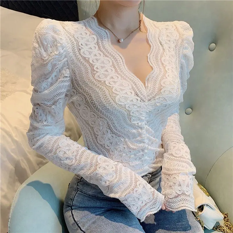 Spring Autumn New Fashion V-neck Long Sleeve T-Shirts Women\'s Clothing Lace Hollow Out Bottoming Shirt Slim All-match Young Tops