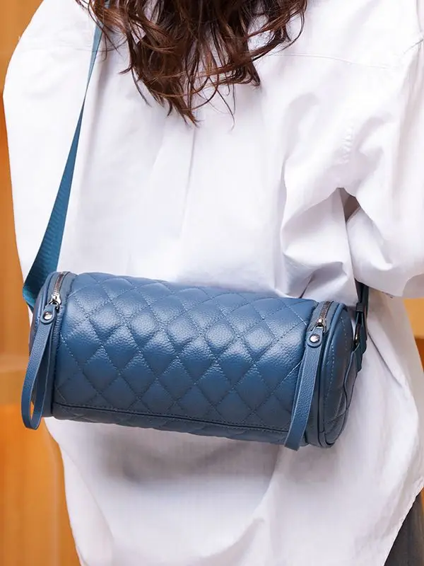 Genuine leather bag 2025 large capacity fashionable single shoulder crossbody women's bag large cowhide round bucket bag