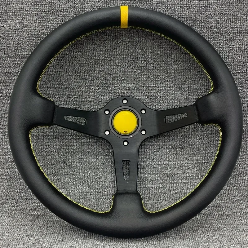 14 Inch 340mm Racing Steering Wheel Deep Dish Yellow Mark Leather 3 Spoke Universal Modified Sport Drift Auto Car Interior Part