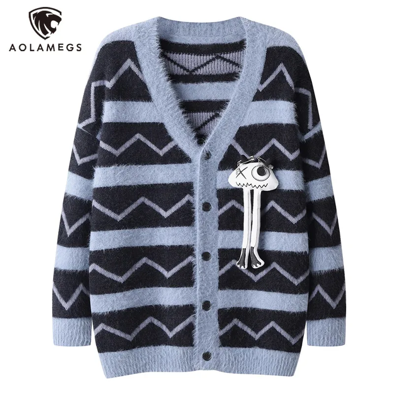 

Men Corrugated Line Contrast Color Cardigan Devil Doll Decoration Knit Jumpers Oversized Casual Knitwear High Street Sweater