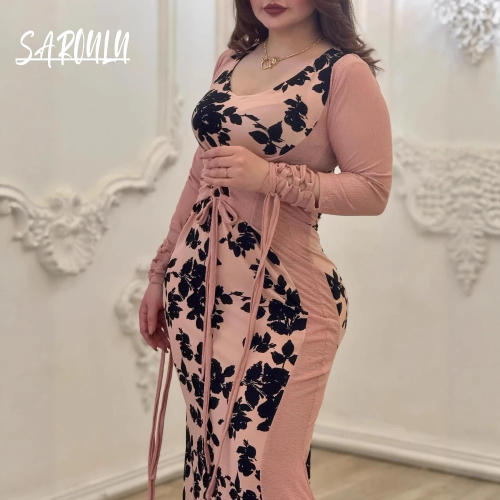 

Romantic Pink Sexy Women Evening Dress In Stock O Neck Patterned Prom Gown New Arrival Long Sleeves Popular Dancing Party Wear