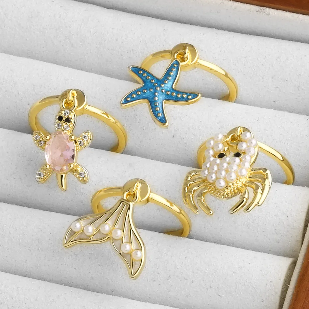 OCESRIO Faux Pearl Crab Whale Tail Statement Women Rings Copper Gold Plated Turtle Starfish Open Ring Fashion Jewelry rigk89