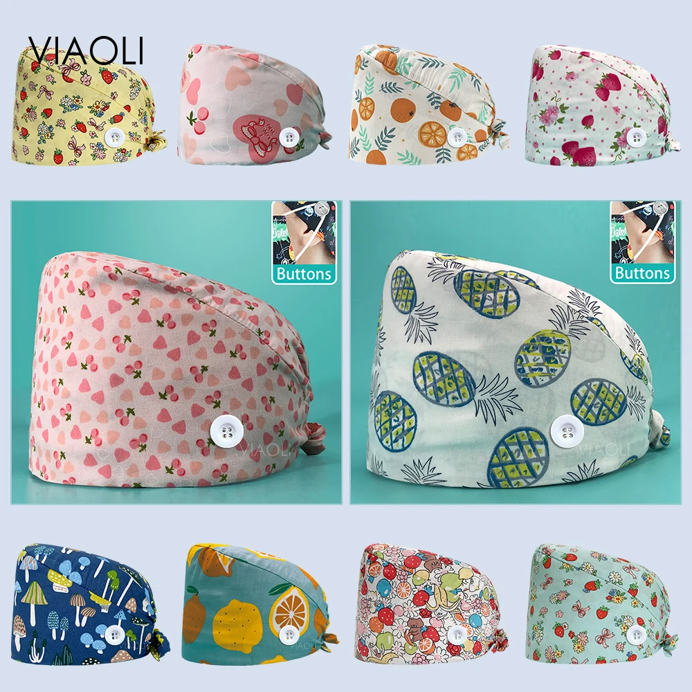 Adjustable 100% Cotton High Quality Nurse Working Scrub Hat Nurse Head Cap Dental Scrubs Nurse Accessories Beautiful Printed Hat