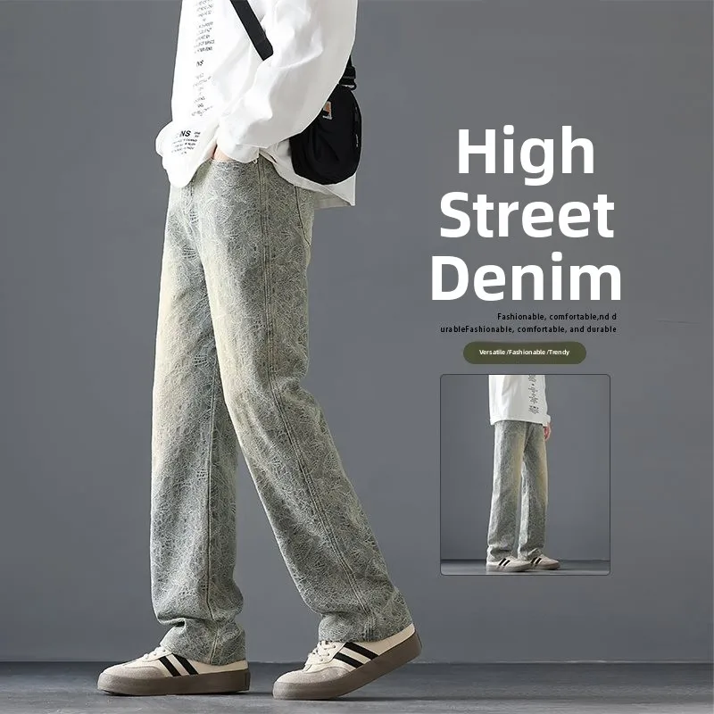 

American Sle Men's Denim Jeans Deep Mud Color Embroidered Straight Leg High Street Vibe Casual Pants mid Waist Straight Fit