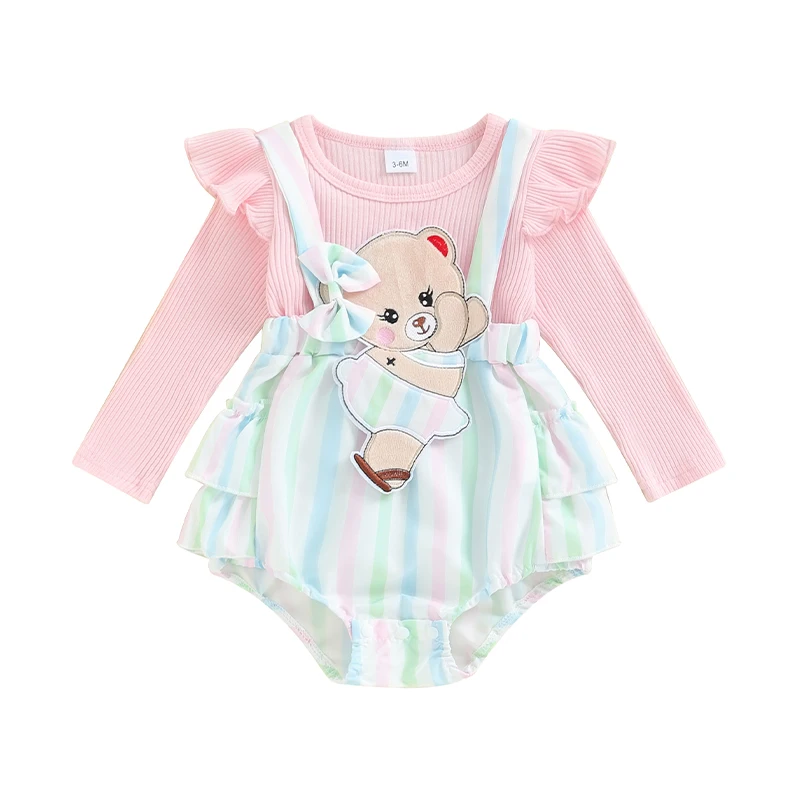 

Baby Girls Romper Long Sleeve Crew Neck Embroidery Bear Dots Stripes Casual Bodysuit Clothes