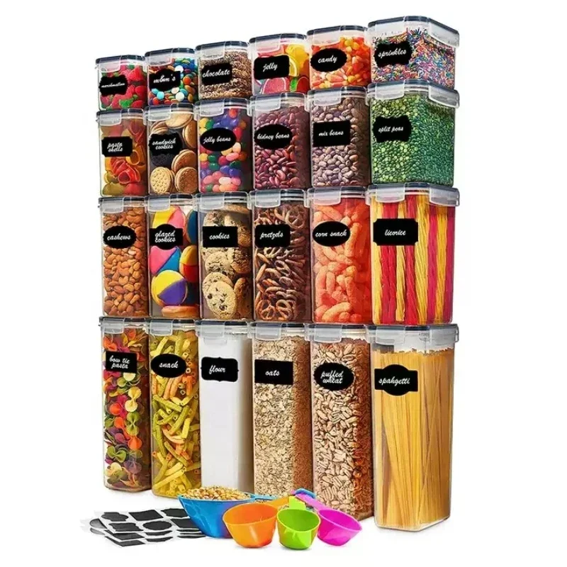 24 Pack Hot Selling Plastic BPA Free Airtight Dry Cereal Food Storage Boxes Containers Set for Kitchen