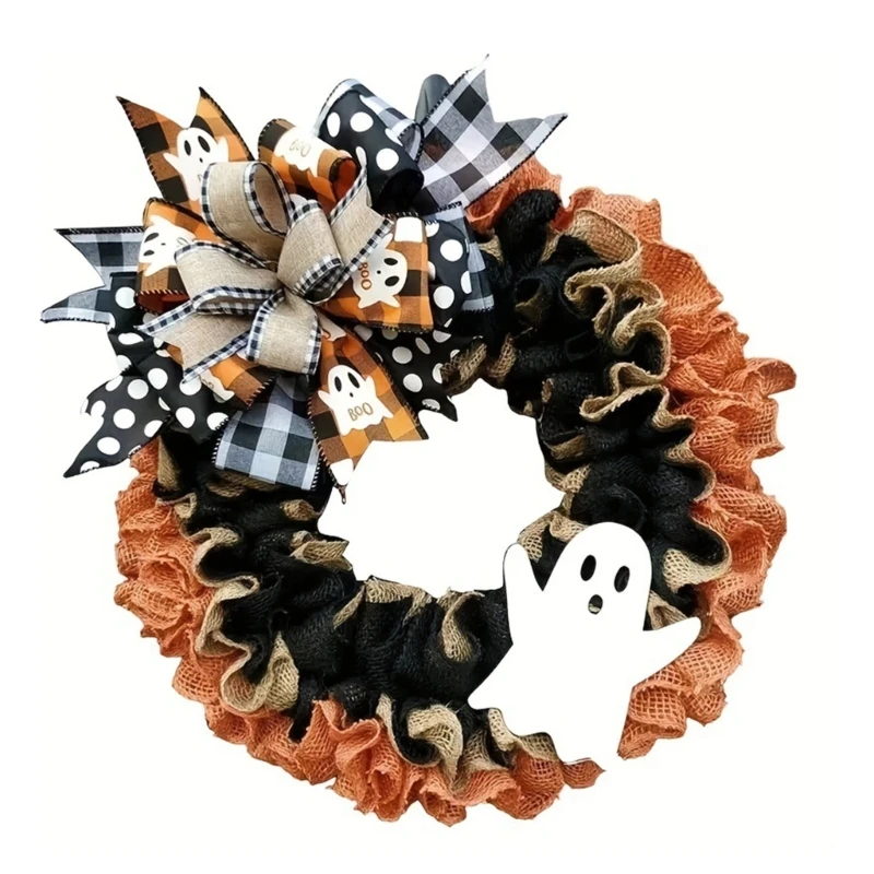 SZWA Halloween Eerie Specters Wreath Linen Handmade Door Wall Festival Ornament