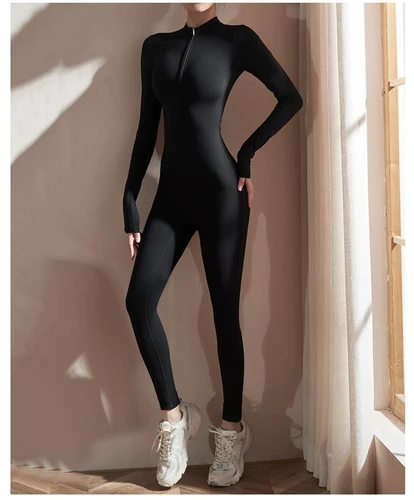 Imagen 2 del producto Monos de manga larga para mujer, pelele elástico ajustado de una pieza para Yoga, ropa deportiva básica negra para Fitness, ropa deportiva ajustada con cremallera