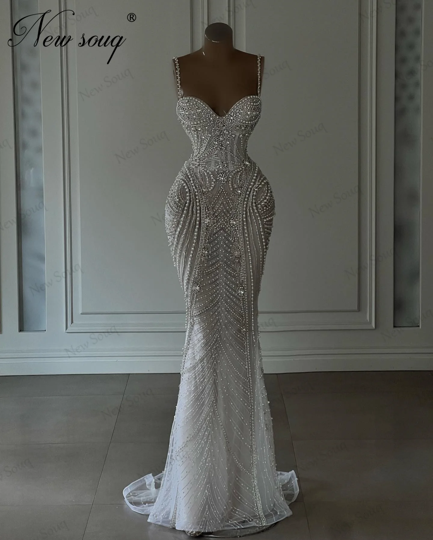 Spaghetti Straps White Mermaid Evening Dresses Handmade Beaded Crystals Wedding Party Dress Arabic Dubai Women Prom Dress Robes