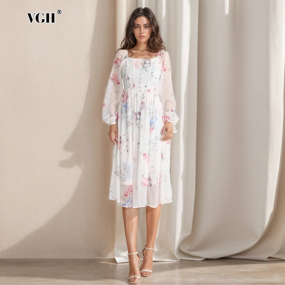 

VGH Elegant Printing Dresses For Women Square Collar Long Sleeve High Waist Patchwork Mesh Casual Sweet Dress Female Fashion New