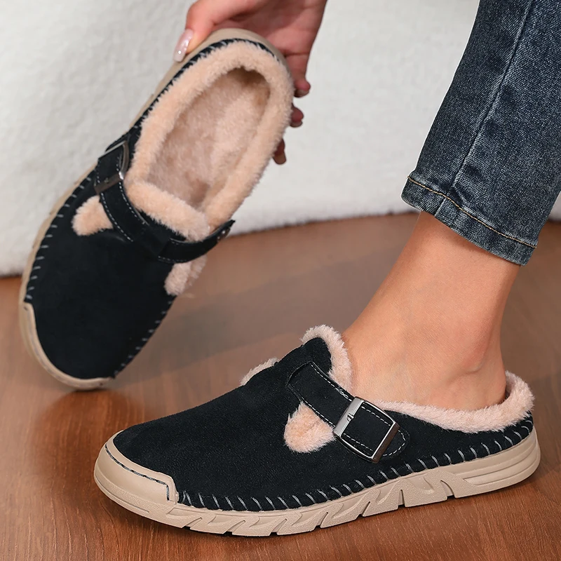Damenmode Baotou-Slipper Winter Neu Rundkopf Tiefer Schnitt Schnallenverschluss Weiche Sohle Rutschfest Verschleißfest Flache Schuhe – Detail 12