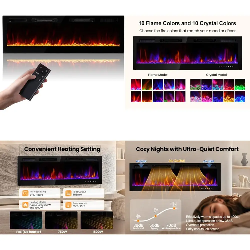 

60-Inch Wall-Mounted Electric Fireplace by Realsmart with 1500W, 3 Heating Options, Slim Design in Black