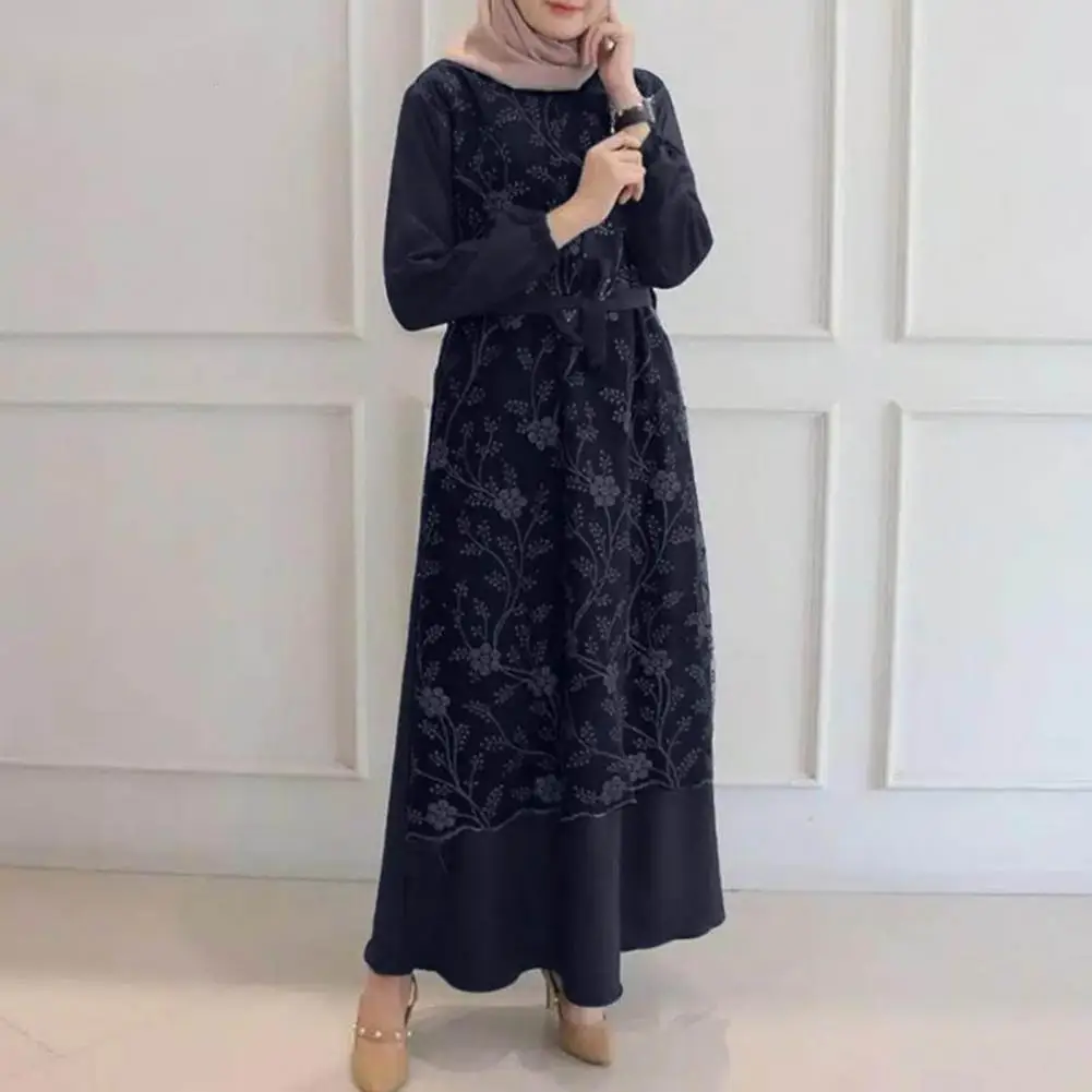 Dress Elegant Floral Embroidered Maxi Dress with Pleated A-line Silhouette Belted Waist Long Sleeve O Neck Lace-up Design Solid