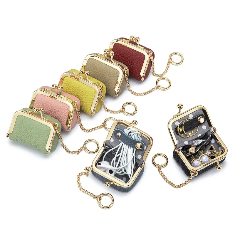 Genuine Leather Mini Kiss Lock Coin Purse with Chain Ring Women Small Clasp Pouch Jewelry Storage Bag Solid Tiny Change Purse