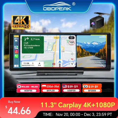 Cámara de salpicadero OBDPEAK K2 Pro de 11,3 pulgadas, 4K, DVR, navegación GPS, inalámbrica, CarPlay y Android, grabadora de vídeo para salpicadero automático, lente Dual Universal