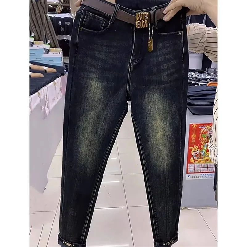 Mulheres mais veludo jeans inverno outono 2025 novo harun jeans senhoras cintura alta estiramento calças tamanho grande tendência moda