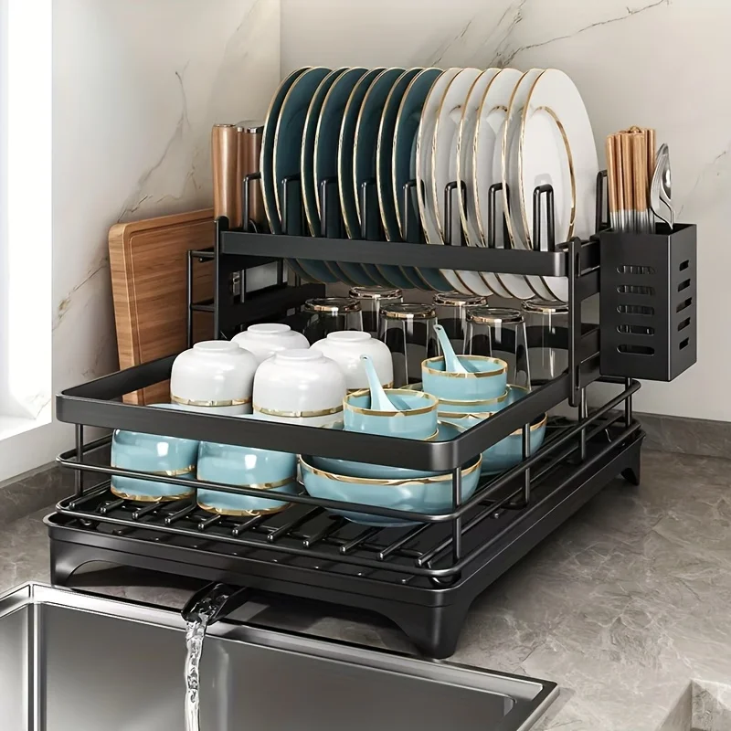 

2-Layer black iron kitchen counter and sink dish rack