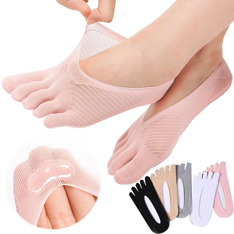 Kaus kaki ultra-tipis untuk wanita, Kaos Kaki lima jari musim panas model lucu, kaus kaki tidak terlihat dengan silikon antiselip bersirkulasi anti-gesekan