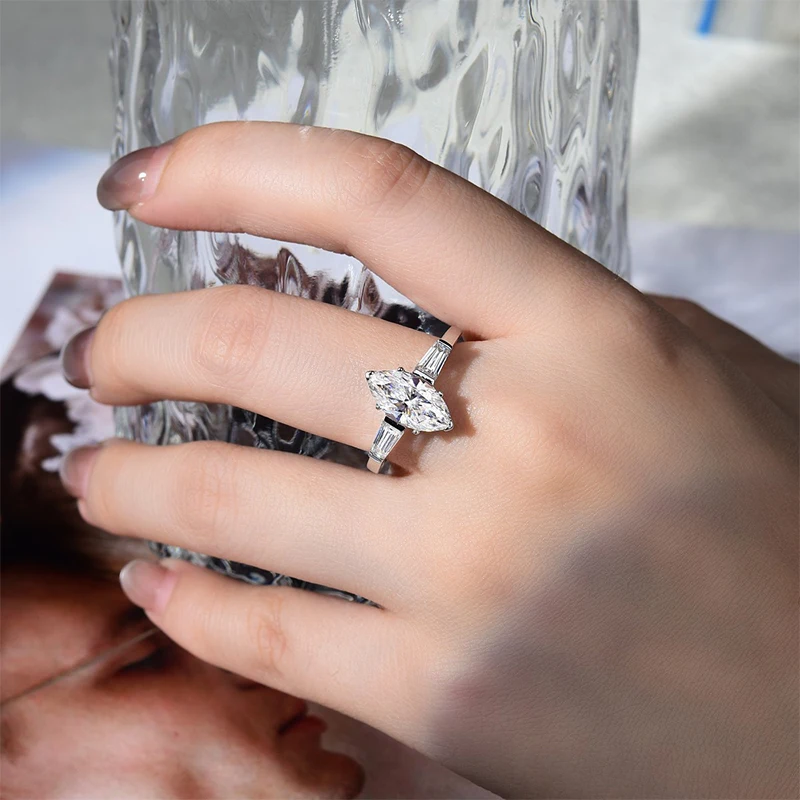 KEEP YES 6*12mm 2 Carats Marquise Cut Moissanite Solitaire Diamond Engagement Rings for Women 925 Sterling Silver Wedding Band