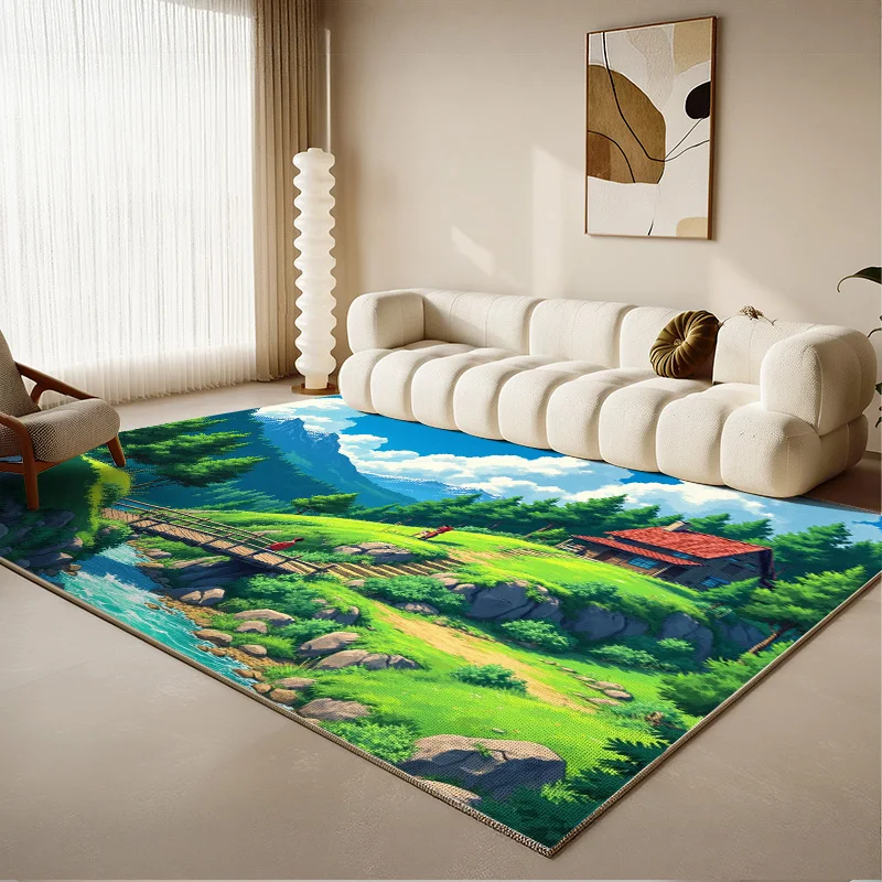 

Аниме живописный коврик для гостиной, спальни, яркий пейзажный принт, мягкий коврик