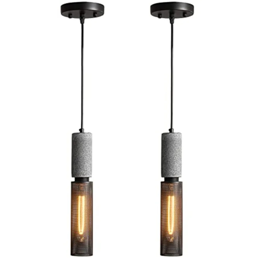 

Concrete Linear Pendant Light with a Metal Mesh Shade, Modern Industrial Hanging Cement Pendant Lighting Fixture for Kitchen Is