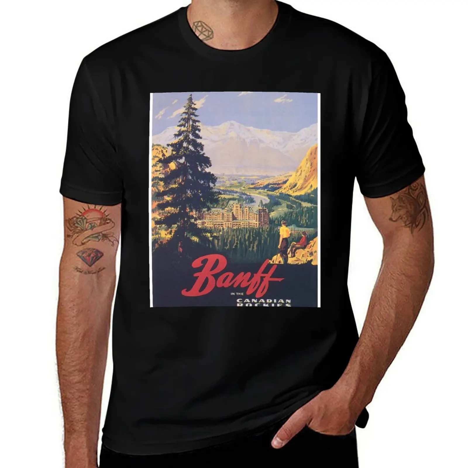 

Vintage Print, Canada Banff Print, Rockies Canada Canadian Poster Travel T-Shirt High Elasticity Sports Tee Shirt