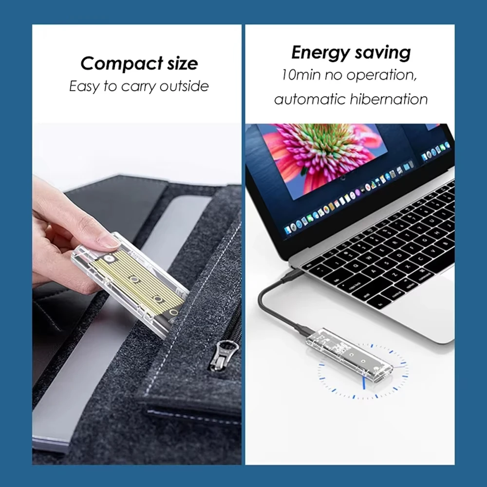 RGB M.2 NVME PCIe /NGFF SATA/casing protokol ganda SSD bening USB Tipe C 10Gbps M2 SSD transparan kotak Hard Disk eksternal