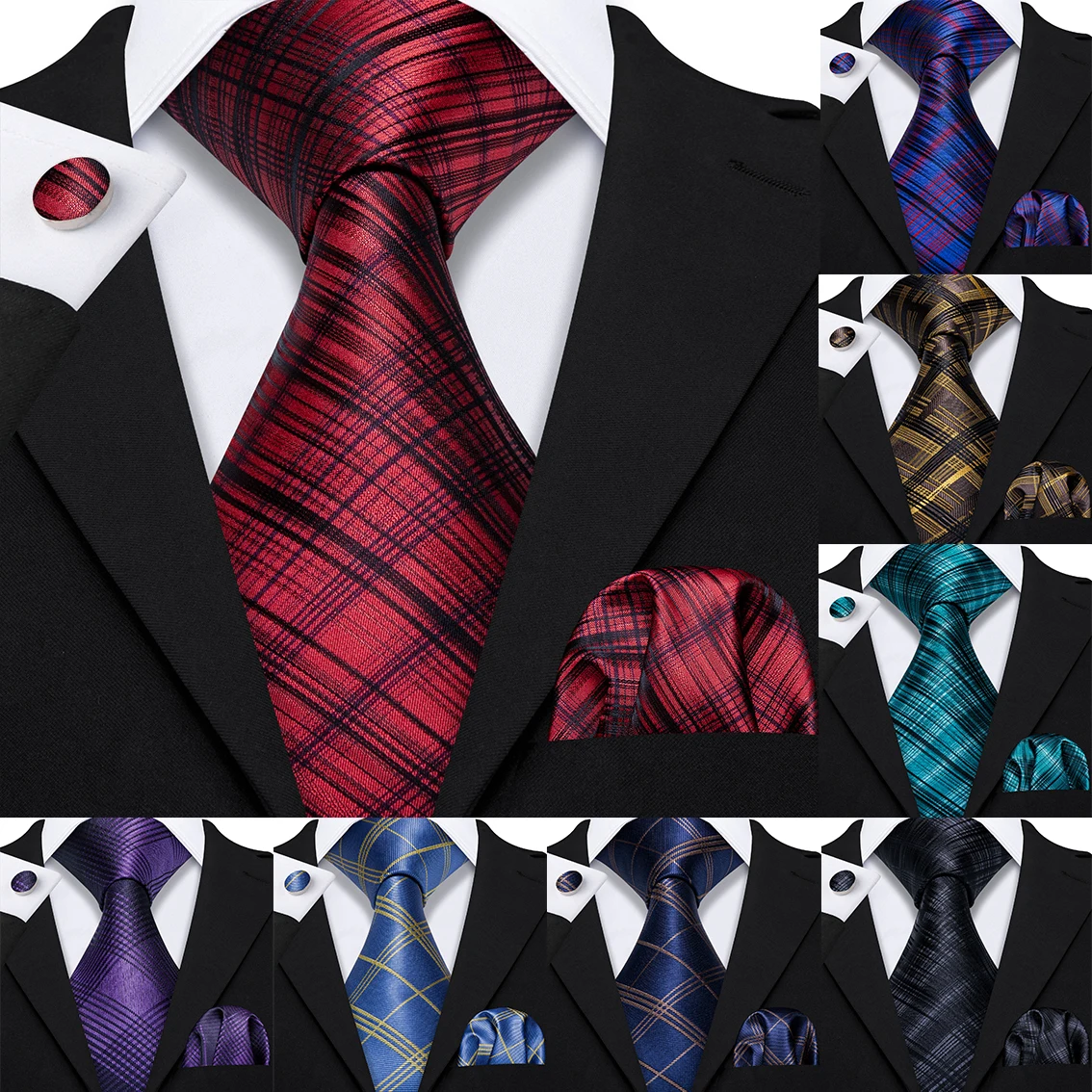 Yellow Plaid Ties For Men Shirts Men's Tie Handkerchief Cufflinks Set 15 Colors Neck Tie Fashion Design S-5241