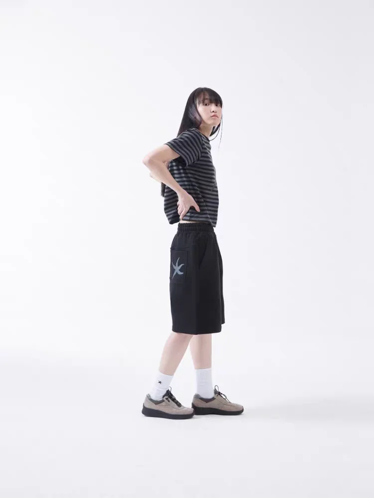 Summer 2025 the Coldest Moment Sea Star Patch Embroidered Five-Quarter Casual Sports orts Straight Leg Elastic Waist Cotton