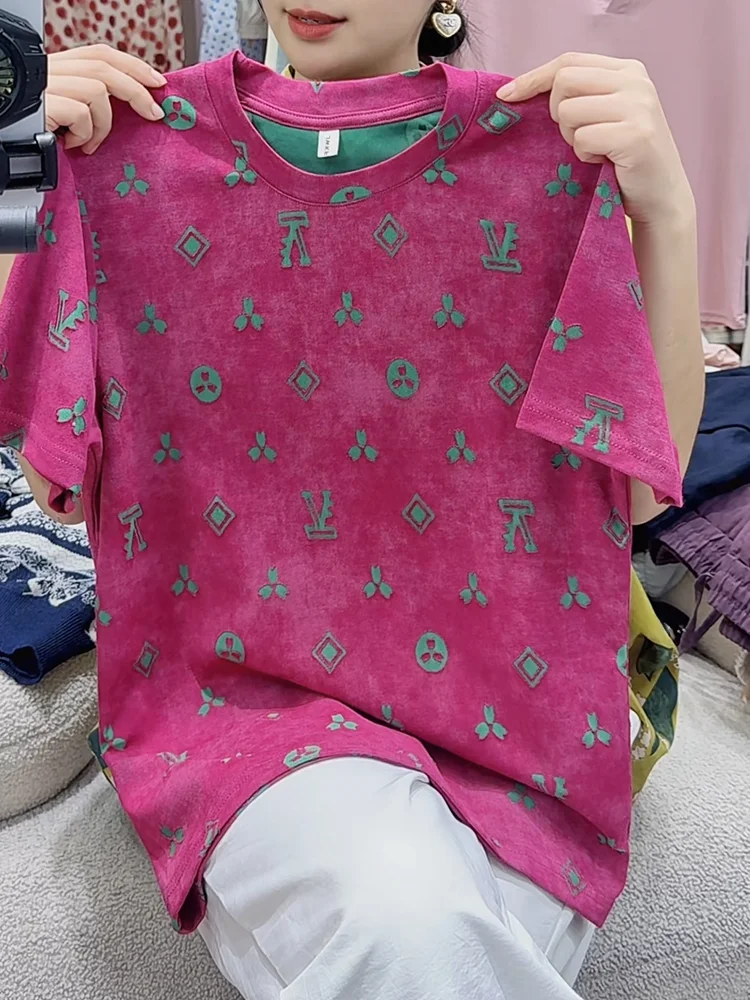 

Slimming Floral Print round Neck Short Sleeve Women's Top Fashionable Versatile Summer New Arrival plus Size Korean Style